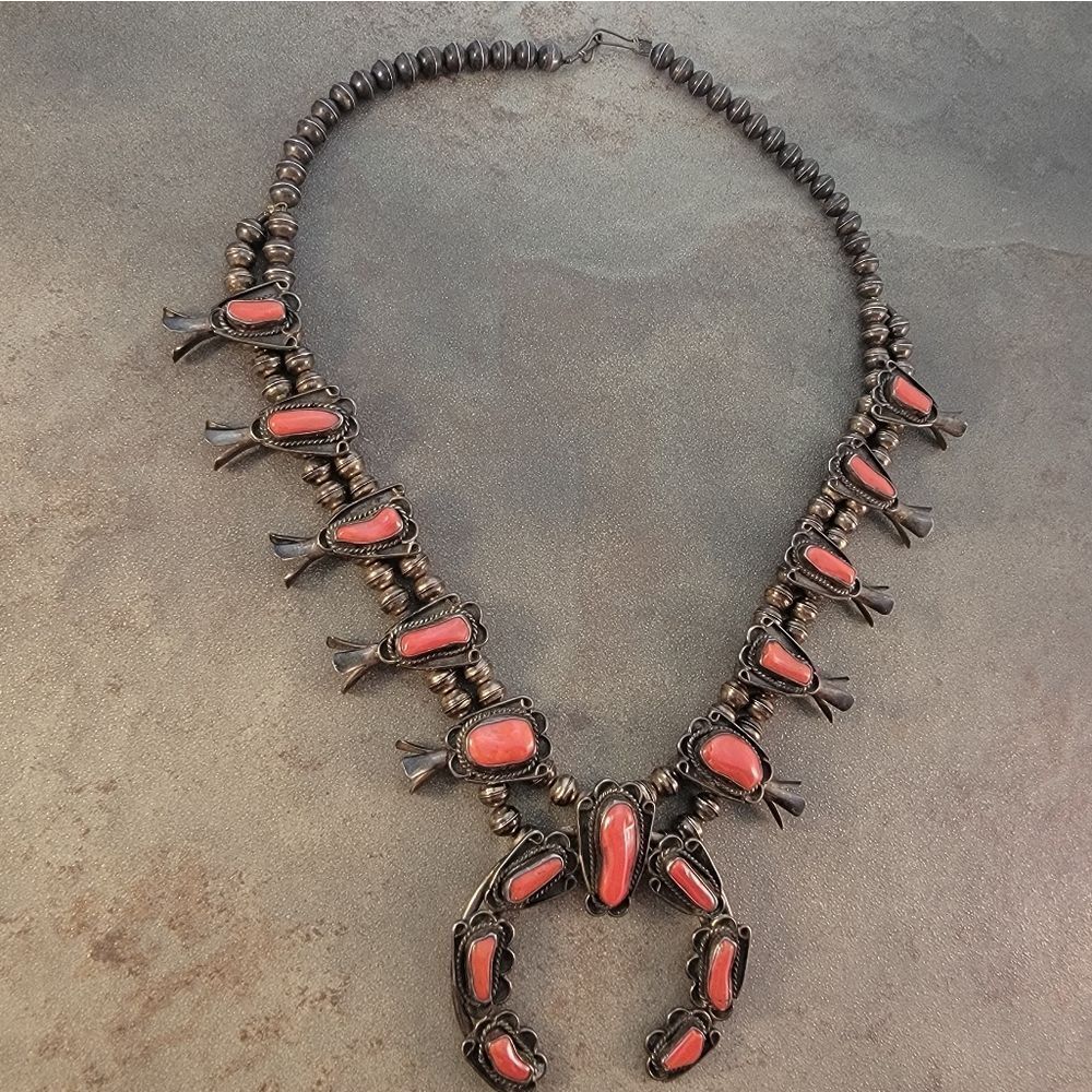 Vintage Navajo 1960's Red Coral Squash Blossom Necklace - Picture 3 of 11